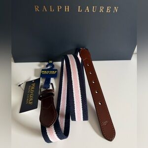 Ralph Lauren Polo Golf Men’s Webbed Belt Sz38– Navy, Blush & Brown Leather |NWT